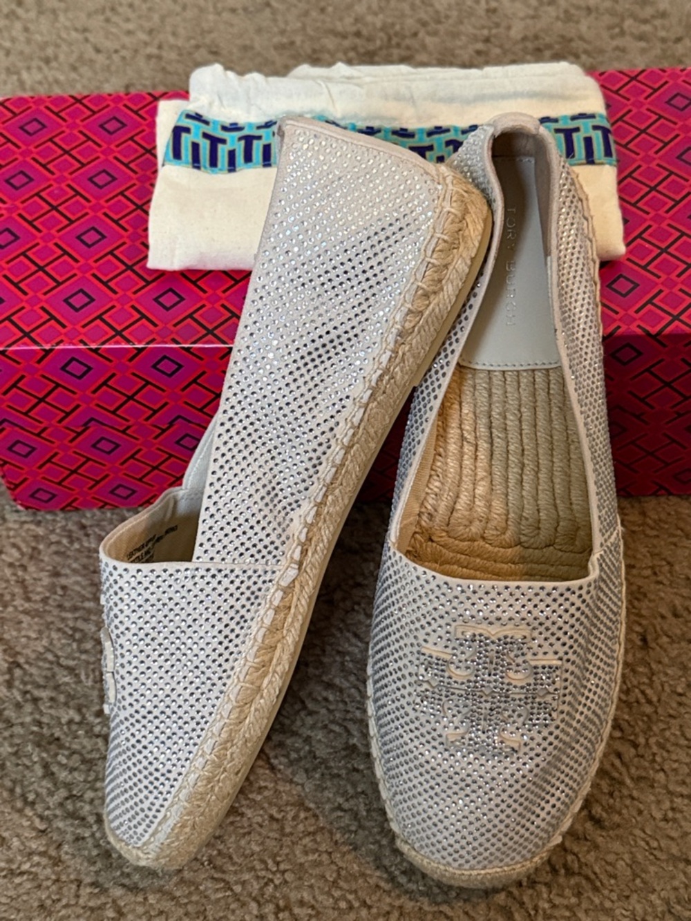 Tory Burch White Espadrille Slip-On with Crystal Logo